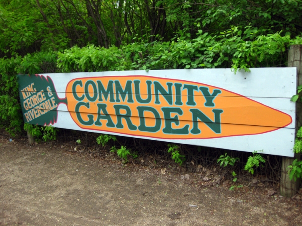 The sign that welcomes you to the King George & Riversdale Community Garden